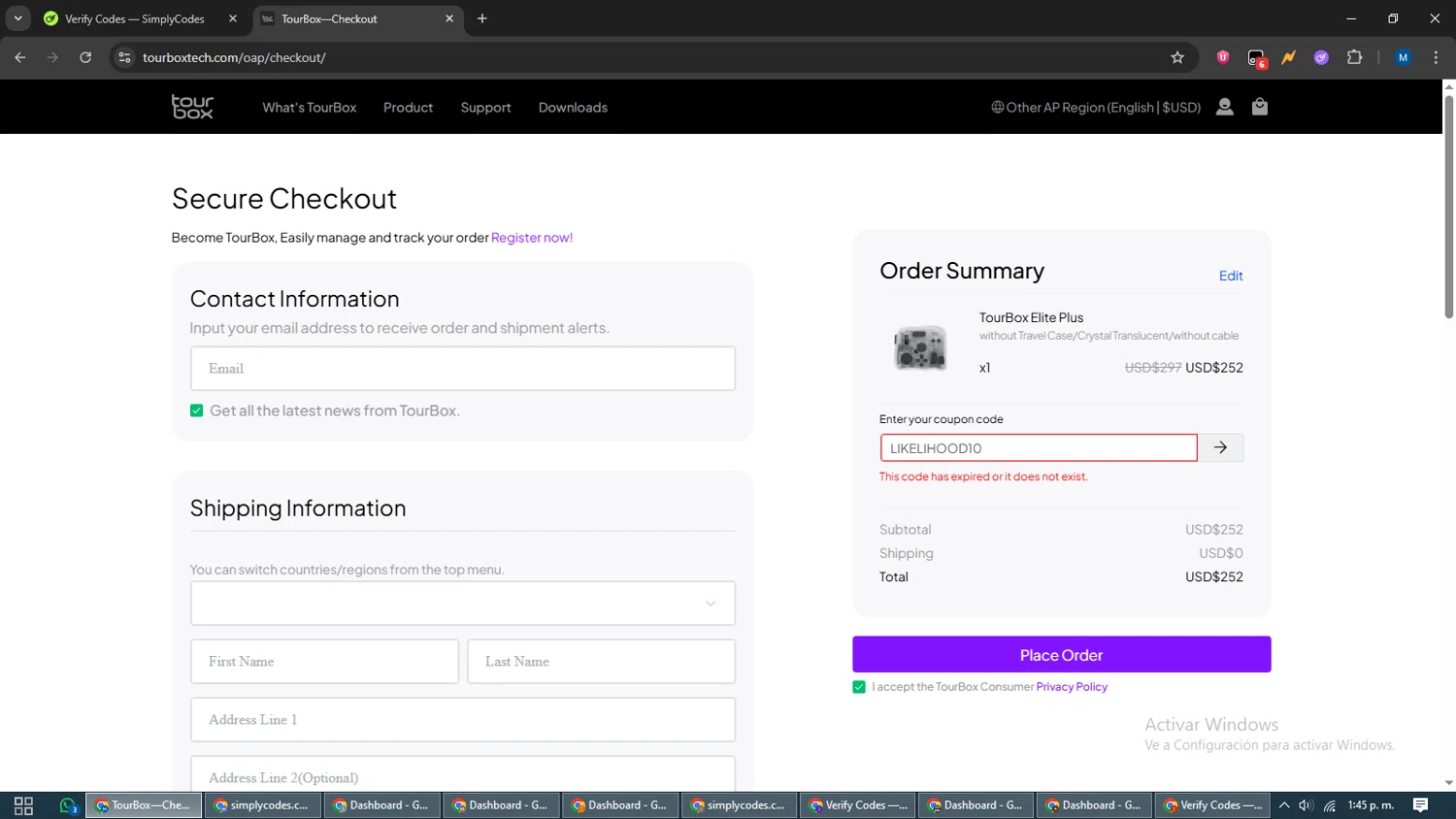 TourBox coupon code screenshot showing code LIKELIHOOD10 applied at TourBox checkout page. Uploaded by SimplyCodes community member EpicVoyager2820 on Nov 11, 2025