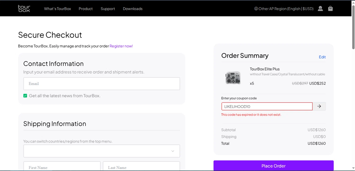 TourBox coupon code screenshot showing code LIKELIHOOD10 applied at TourBox checkout page. Uploaded by SimplyCodes community member RebateSleuth7772 on Nov 11, 2025