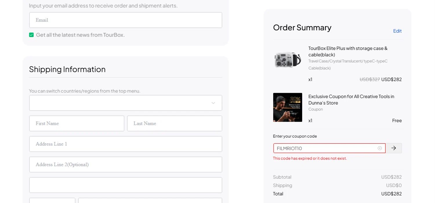 TourBox coupon code screenshot showing code FILMRIOT10 applied at TourBox checkout page. Uploaded by SimplyCodes community member MoneyHunter5624 on Nov 19, 2025