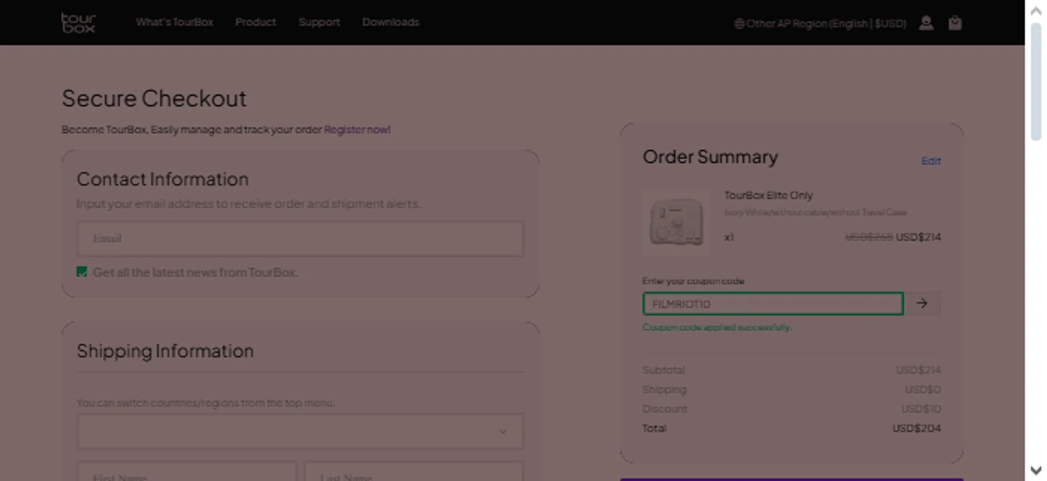 TourBox coupon code screenshot showing code FILMRIOT10 applied at TourBox checkout page. Uploaded by SimplyCodes community member TraxoGamer on Oct 21, 2025