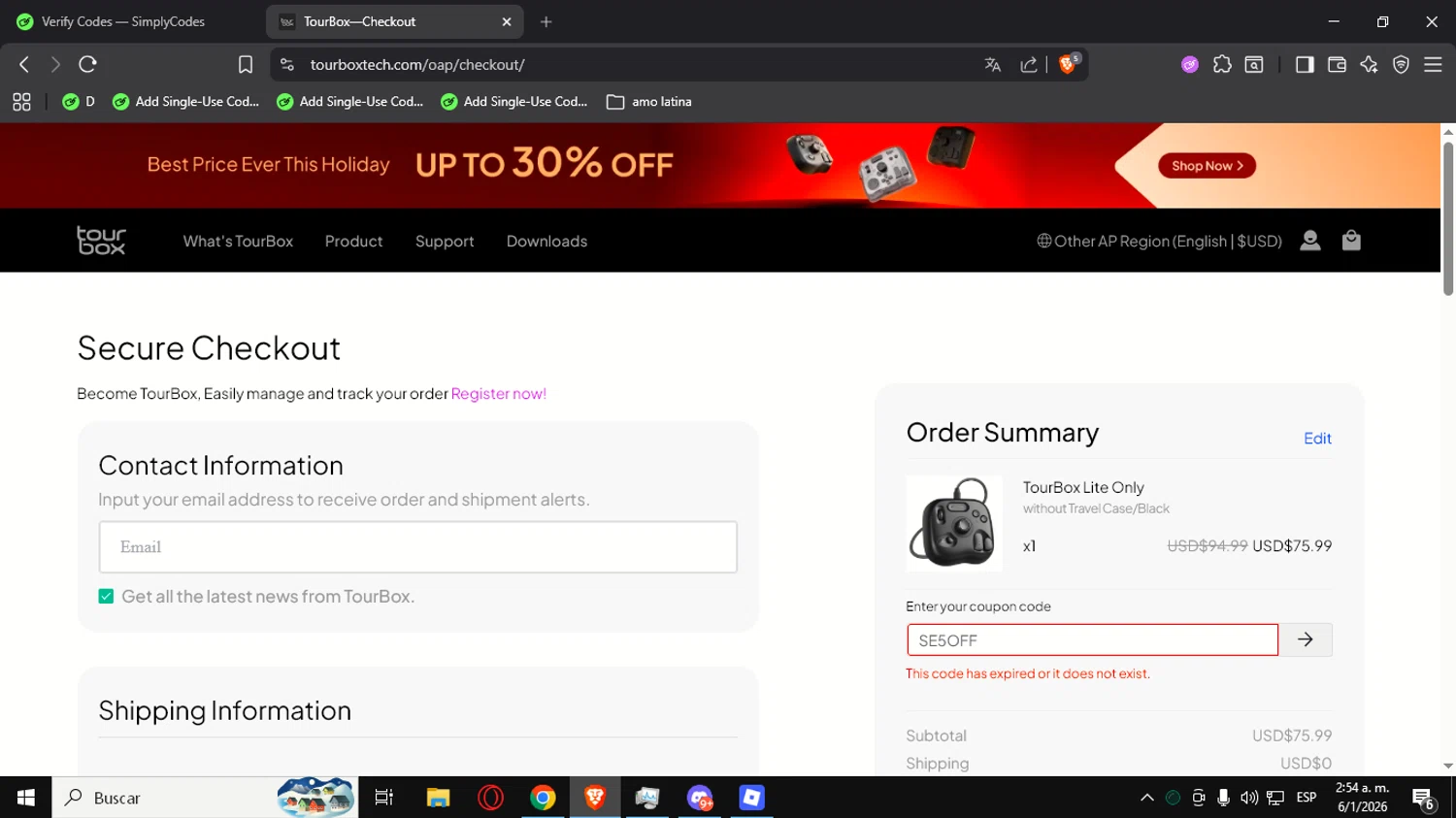 TourBox coupon code screenshot showing code SE5OFF applied at TourBox checkout page. Uploaded by SimplyCodes community member Ultrapapu on Jan 6, 2026