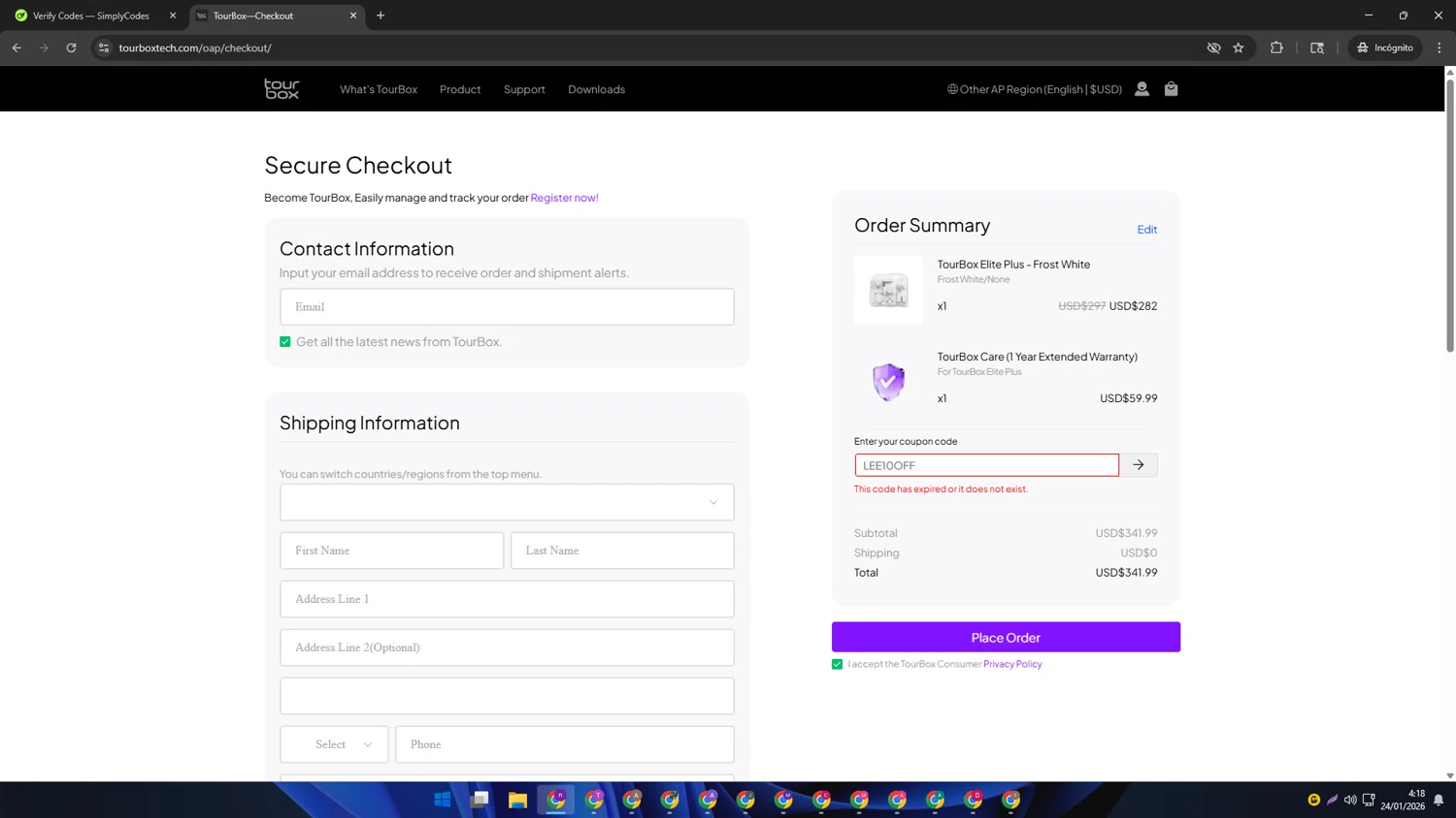 TourBox coupon code screenshot showing code LEE10OFF applied at TourBox checkout page. Uploaded by SimplyCodes community member AVAMUSTANG on Jan 24, 2026