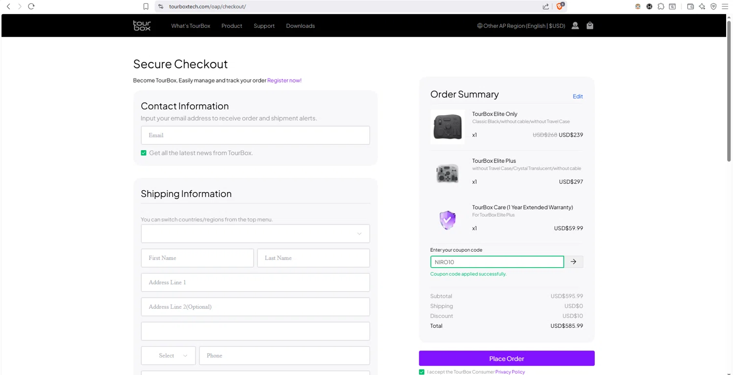 TourBox checkout page showing TourBox coupon code box | Screenshot taken by SimplyCodes community member on Jan 26, 2026