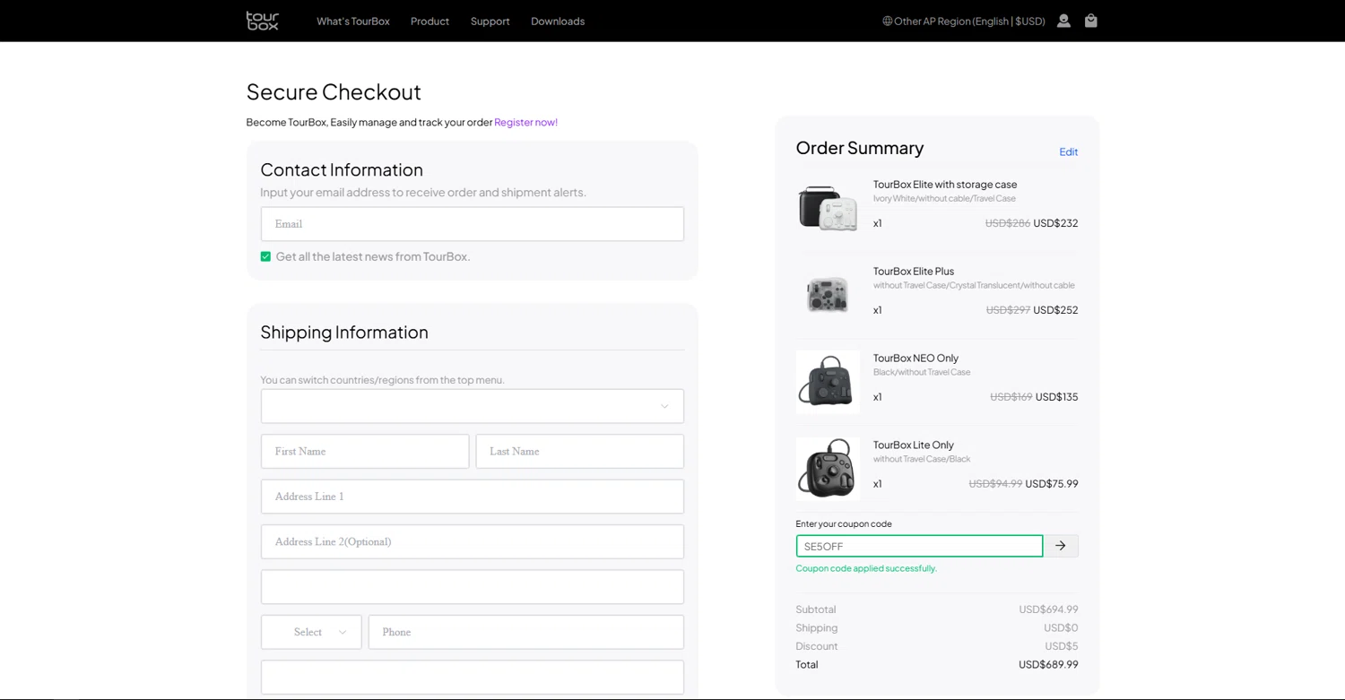 TourBox coupon code screenshot showing code SE5OFF applied at TourBox checkout page. Uploaded by SimplyCodes community member vctr7w7x on Nov 20, 2025