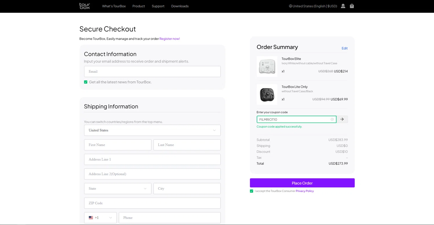 TourBox coupon code screenshot showing code FILMRIOT10 applied at TourBox checkout page. Uploaded by SimplyCodes community member vctr7w7x on Oct 21, 2025