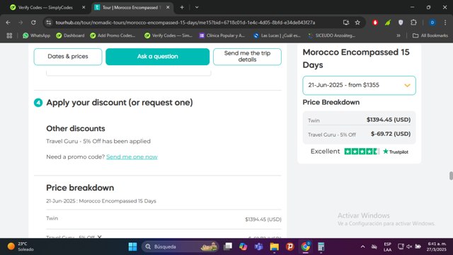 Tourhub checkout page showing Tourhub promo code box | Screenshot taken by SimplyCodes community member on Mar 27, 2025
