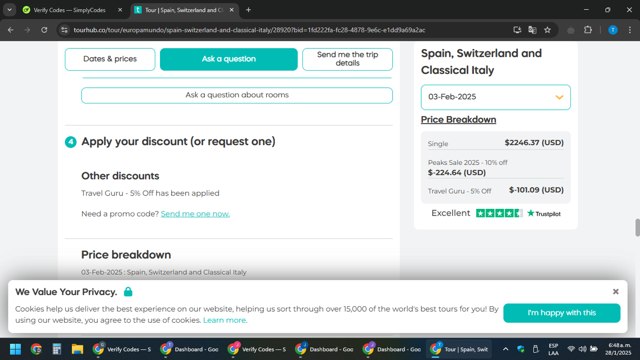 Tourhub checkout page showing Tourhub promo code box | Screenshot taken by SimplyCodes community member on Jan 28, 2025