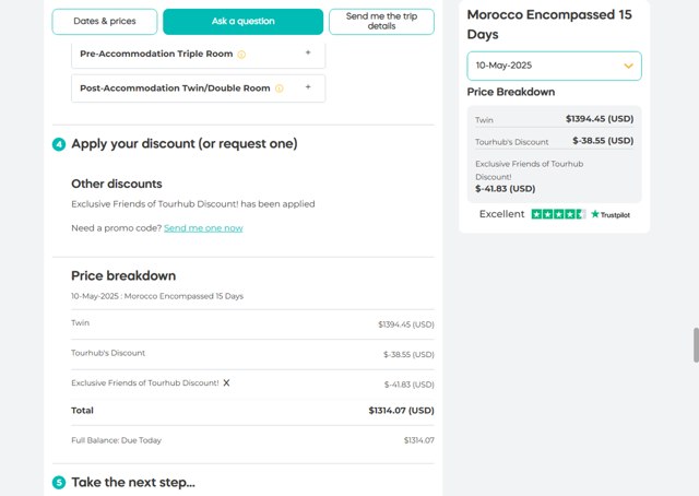 Tourhub checkout page showing Tourhub promo code box | Screenshot taken by SimplyCodes community member on Mar 27, 2025