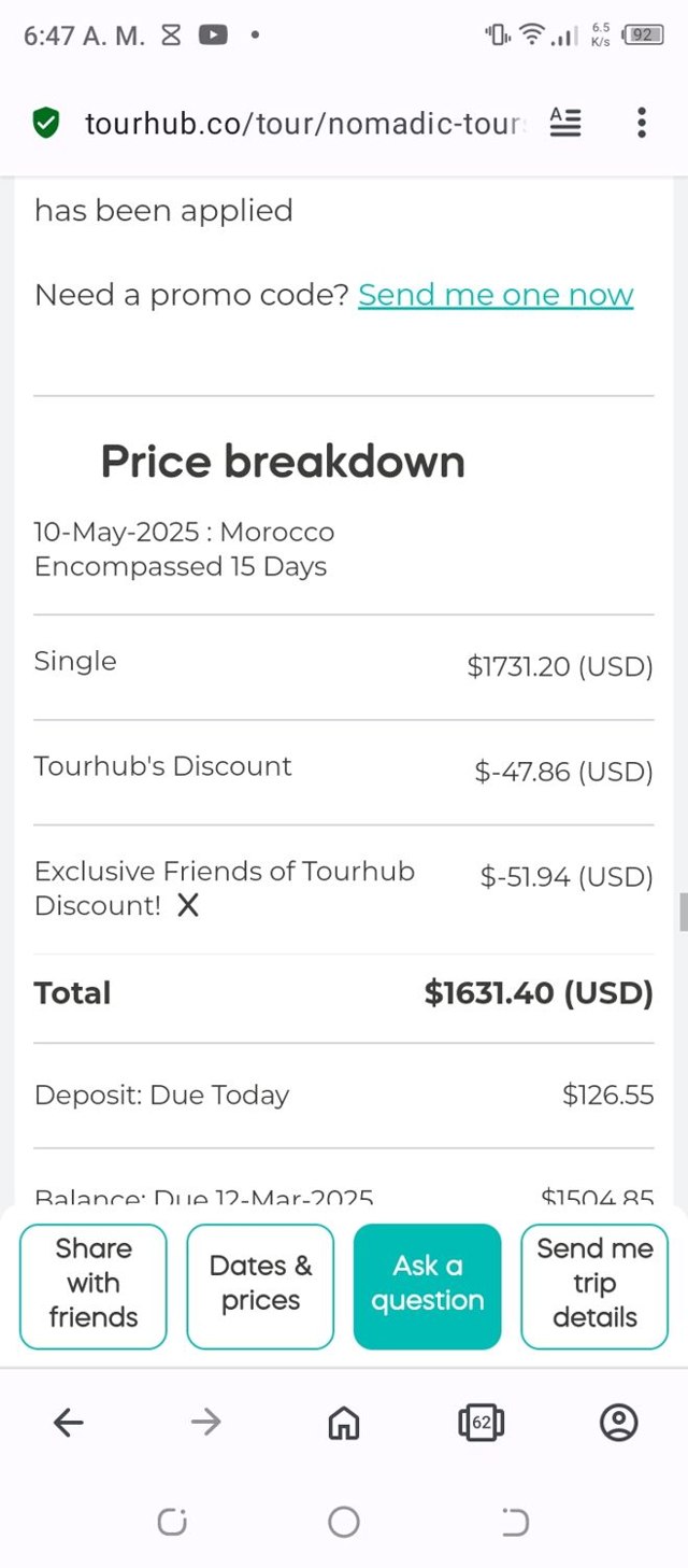 Tourhub checkout page showing Tourhub promo code box | Screenshot taken by SimplyCodes community member on Feb 26, 2025