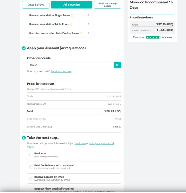Tourhub checkout page showing Tourhub promo code box | Screenshot taken by SimplyCodes community member on Feb 26, 2025