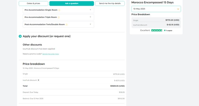Tourhub checkout page showing Tourhub promo code box | Screenshot taken by SimplyCodes community member on Feb 26, 2025
