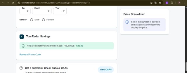 TourRadar checkout page showing TourRadar promo code box | Screenshot taken by SimplyCodes community member on Aug 5, 2025