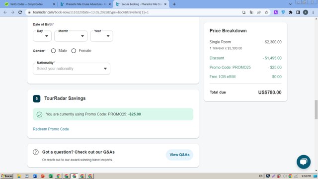 TourRadar checkout page showing TourRadar promo code box | Screenshot taken by SimplyCodes community member on May 9, 2025