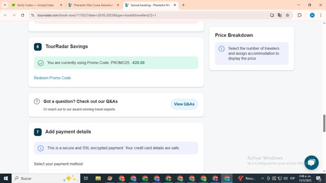 TourRadar checkout page showing TourRadar promo code box | Screenshot taken by SimplyCodes community member on May 15, 2025