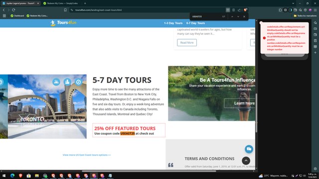 Tours4Fun checkout page showing Tours4Fun promo code box | Screenshot taken by SimplyCodes community member on Jun 15, 2025