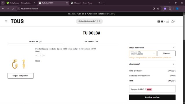 TOUS checkout page showing TOUS promo code box | Screenshot taken by SimplyCodes community member on Sep 5, 2025