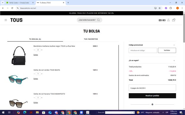 TOUS checkout page showing TOUS promo code box | Screenshot taken by SimplyCodes community member on Aug 28, 2025