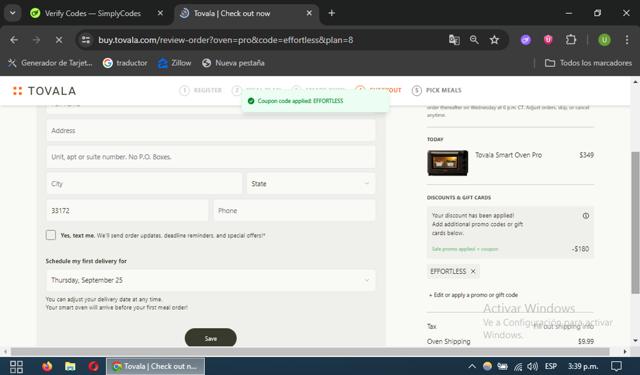 Tovala checkout page showing Tovala promo code box | Screenshot taken by SimplyCodes community member on Sep 15, 2025