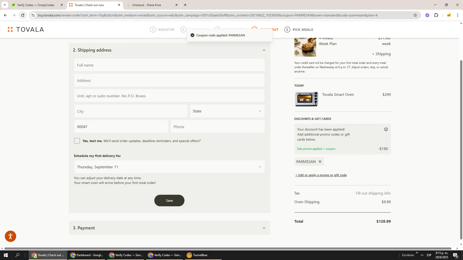 Tovala promo code screenshot showing code PARMESAN applied at Tovala checkout page. Uploaded by SimplyCodes community member Richard251 on Aug 30, 2025