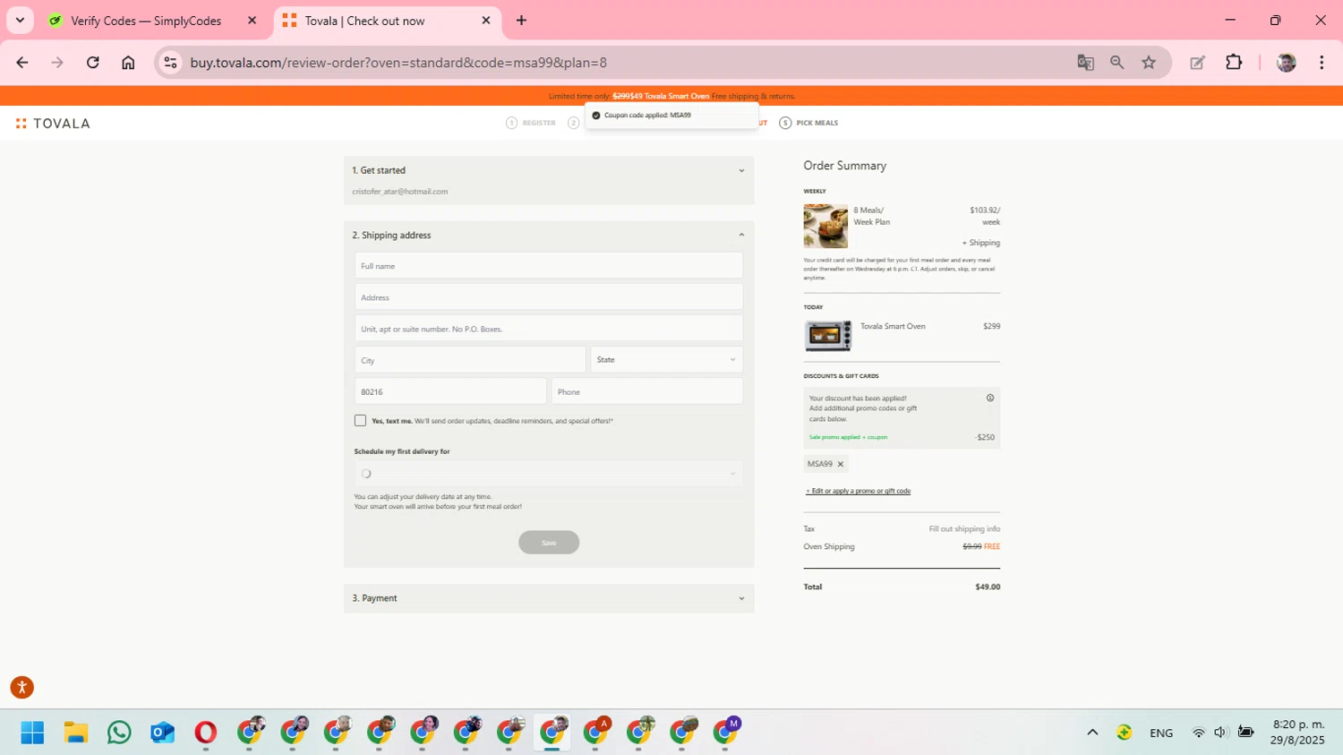 Tovala promo code screenshot showing code MSA99 applied at Tovala checkout page. Uploaded by SimplyCodes community member DavGutFig on Aug 30, 2025