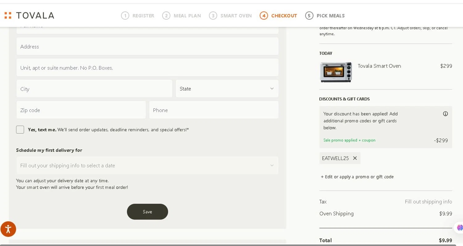 Tovala promo code screenshot showing code EATWELL25 applied at Tovala checkout page. Uploaded by SimplyCodes community member LAMINEJAMAL on Aug 29, 2025
