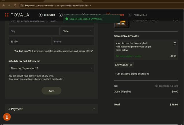 Tovala checkout page showing Tovala promo code box | Screenshot taken by SimplyCodes community member on Sep 15, 2025