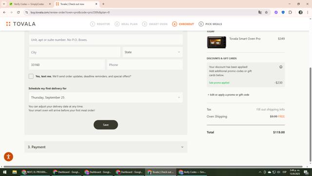 Tovala checkout page showing Tovala promo code box | Screenshot taken by SimplyCodes community member on Sep 15, 2025