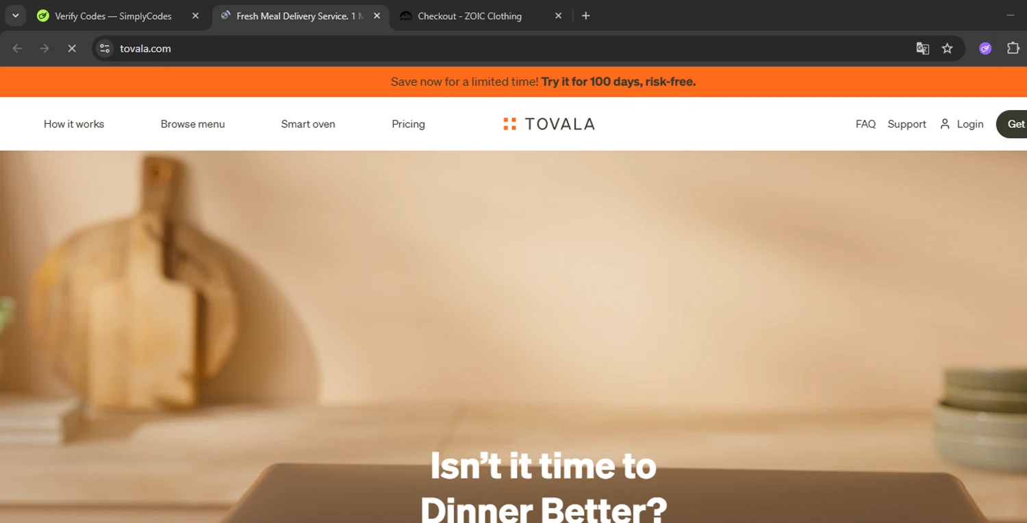 Tovala promo code screenshot showing code PRO230FS applied at Tovala checkout page. Uploaded by SimplyCodes community member ShrewdPilot3521 on Feb 16, 2026