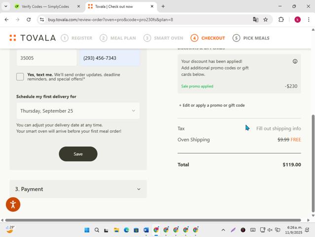 Tovala checkout page showing Tovala promo code box | Screenshot taken by SimplyCodes community member on Sep 11, 2025