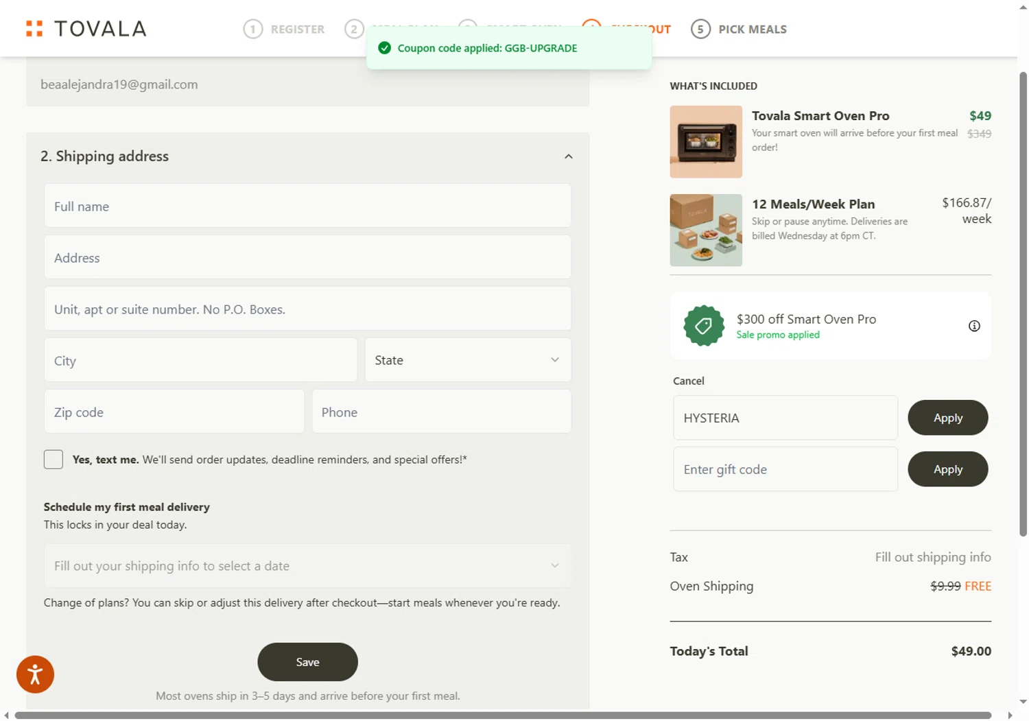 Tovala promo code screenshot showing code GGB applied at Tovala checkout page. Uploaded by SimplyCodes community member Sadalsuud on Jun 10, 2026
