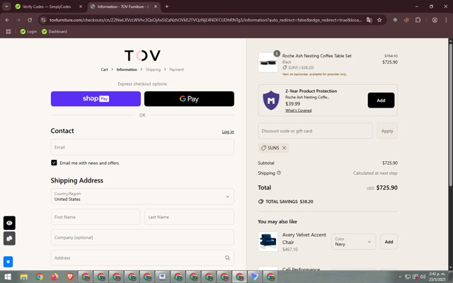 TOV Furniture checkout page showing TOV Furniture discount code box | Screenshot taken by SimplyCodes community member on May 23, 2025