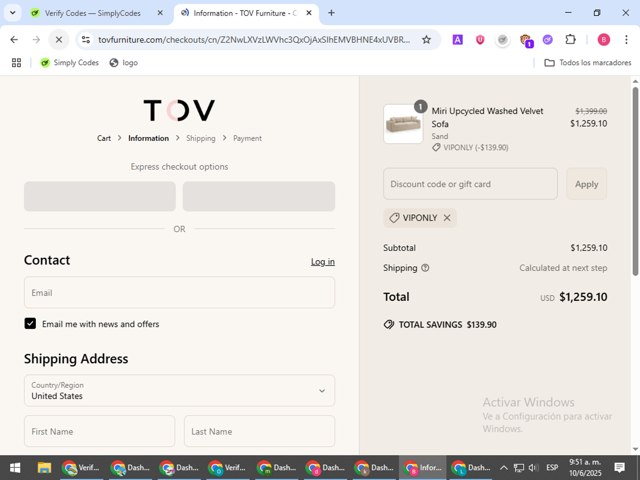 TOV Furniture checkout page showing TOV Furniture discount code box | Screenshot taken by SimplyCodes community member on Jun 10, 2025