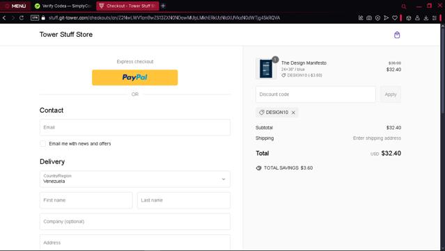 Tower checkout page showing Tower promo code box | Screenshot taken by SimplyCodes community member on Feb 2, 2025