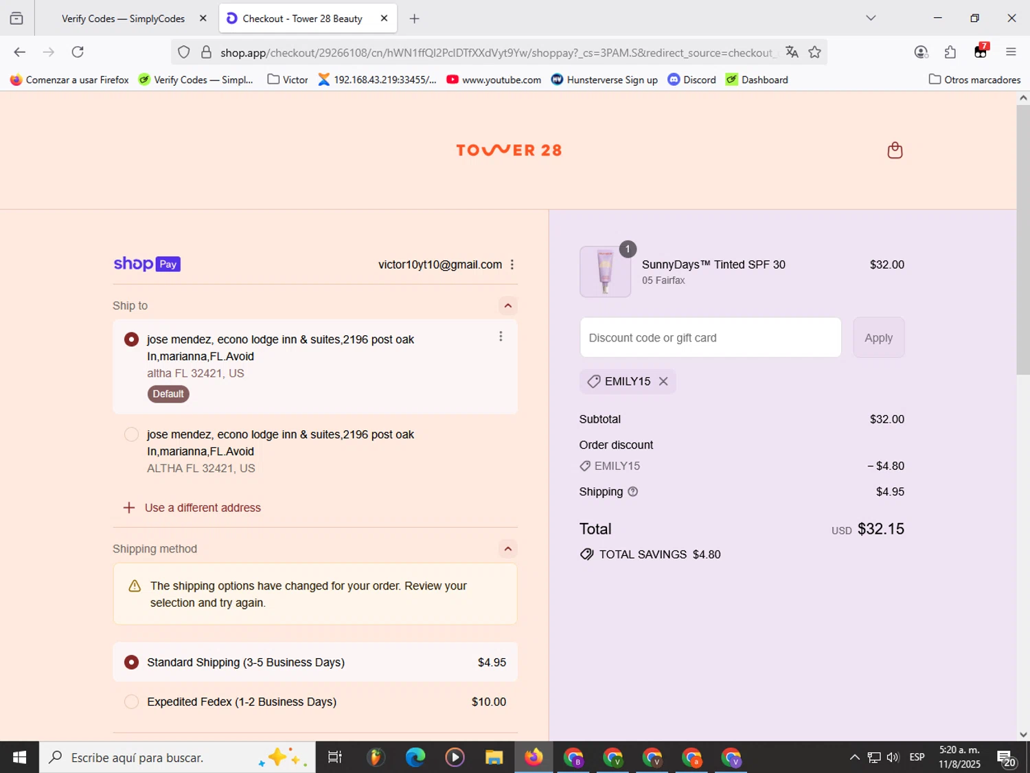 Tower 28 Beauty promo code screenshot showing code EMILY15 applied at Tower 28 Beauty checkout page. Uploaded by SimplyCodes community member Garou_Y2K on Aug 11, 2025