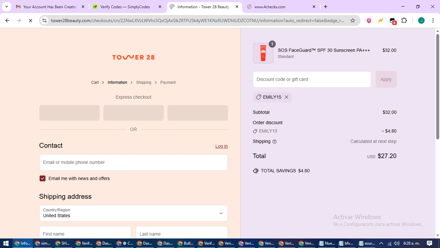 Tower 28 Beauty promo code screenshot showing code EMILY15 applied at Tower 28 Beauty checkout page. Uploaded by SimplyCodes community member SavvyCurator1770 on Jun 20, 2025