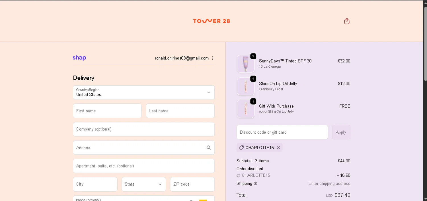 Tower 28 Beauty promo code screenshot showing code CHARLOTTE15 applied at Tower 28 Beauty checkout page. Uploaded by SimplyCodes community member CrownAce9258 on Jan 10, 2026
