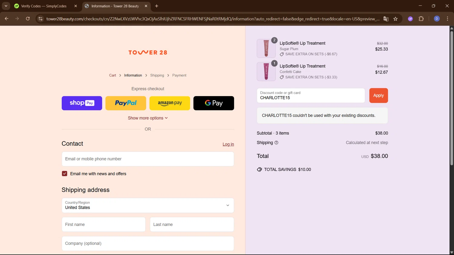 Tower 28 Beauty promo code screenshot showing code CHARLOTTE15 applied at Tower 28 Beauty checkout page. Uploaded by SimplyCodes community member PennyCurator6489 on Jun 12, 2025
