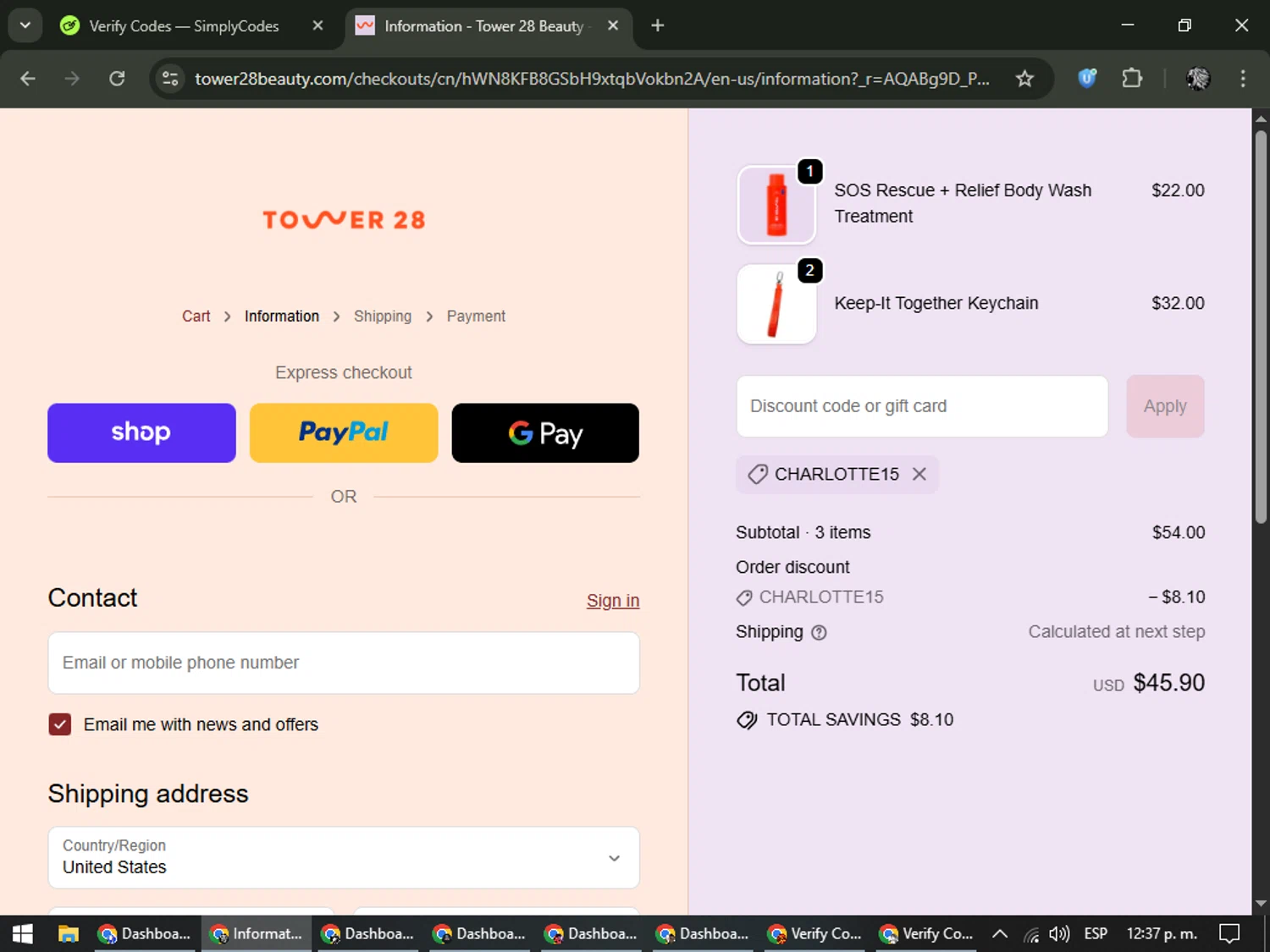 Tower 28 Beauty promo code screenshot showing code CHARLOTTE15 applied at Tower 28 Beauty checkout page. Uploaded by SimplyCodes community member PrimeKnight6101 on Feb 2, 2026