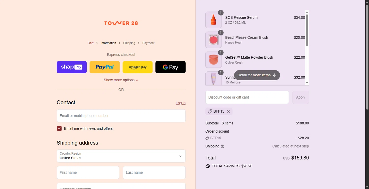 Tower 28 Beauty promo code screenshot showing code BFF15 applied at Tower 28 Beauty checkout page. Uploaded by SimplyCodes community member LlonardoLotes on Jul 6, 2025