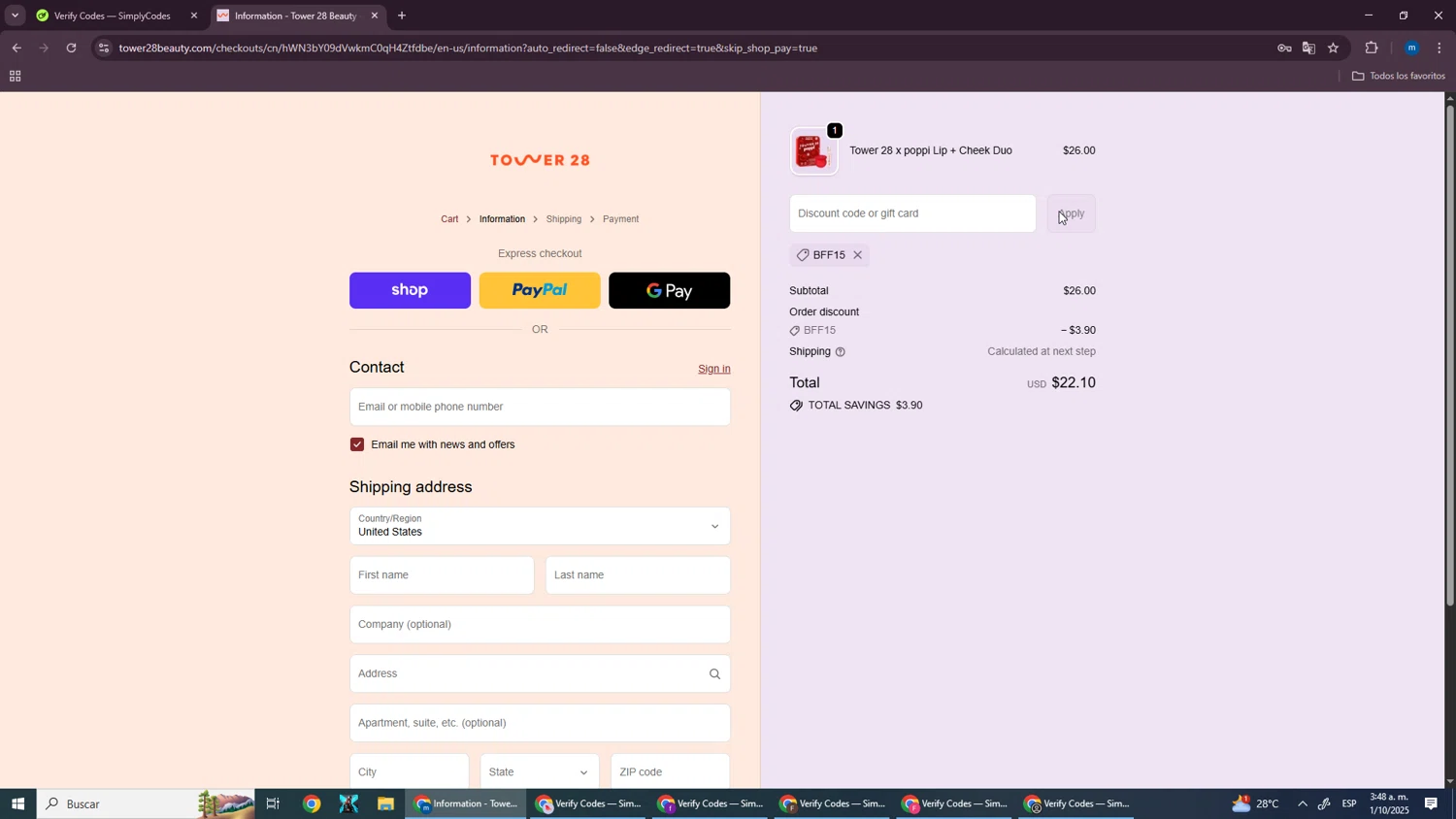 Tower 28 Beauty promo code screenshot showing code BFF15 applied at Tower 28 Beauty checkout page. Uploaded by SimplyCodes community member SmartWizard8062 on Oct 1, 2025