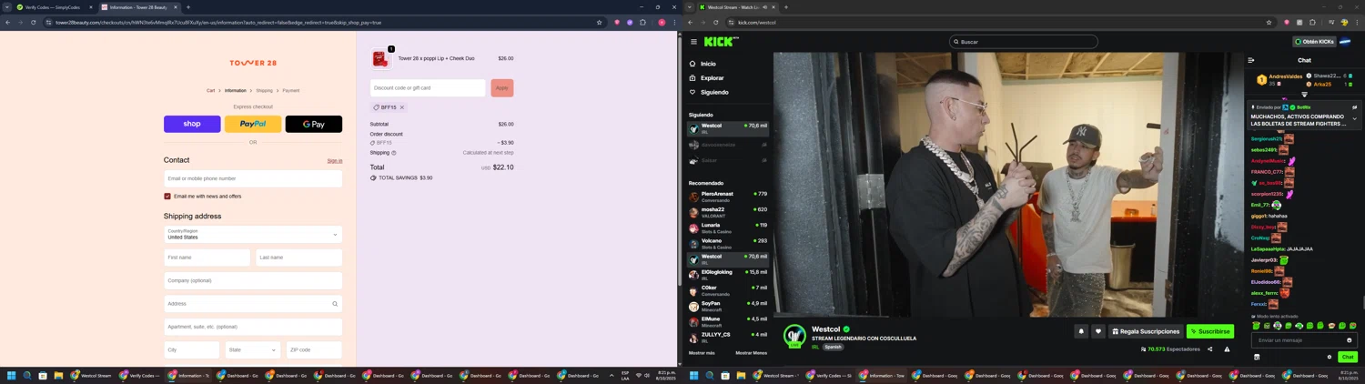 Tower 28 Beauty promo code screenshot showing code BFF15 applied at Tower 28 Beauty checkout page. Uploaded by SimplyCodes community member TreasureWarden457 on Oct 9, 2025