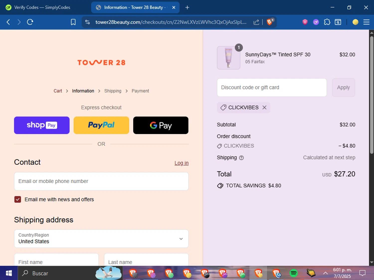 Tower 28 Beauty promo code screenshot showing code CLICKVIBES applied at Tower 28 Beauty checkout page. Uploaded by SimplyCodes community member ElVerificador on Jul 7, 2025