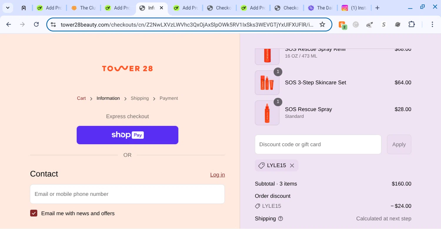Tower 28 Beauty promo code screenshot showing code lyle15 applied at Tower 28 Beauty checkout page. Uploaded by SimplyCodes community member KarinaHZ on Jul 8, 2025