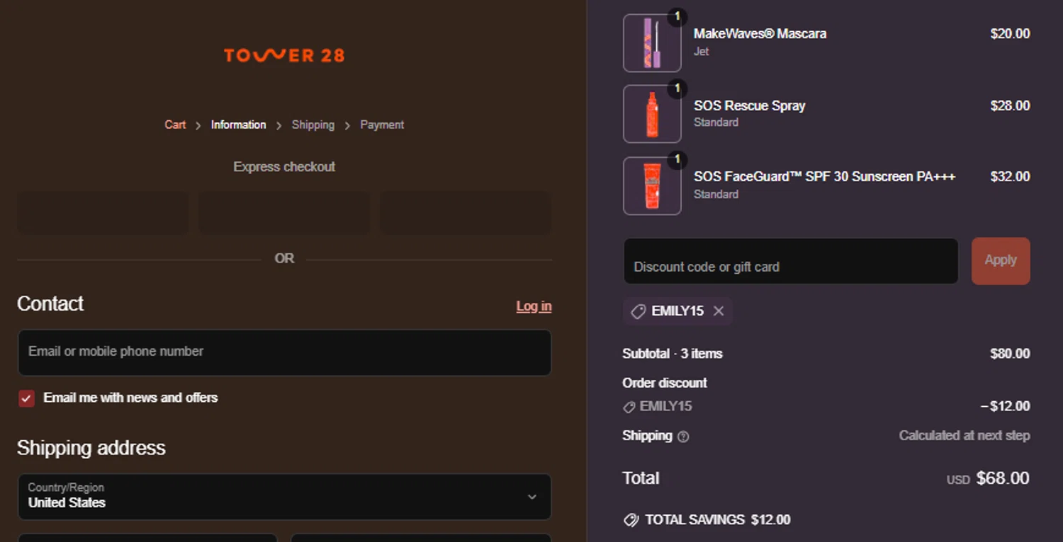 Tower 28 Beauty promo code screenshot showing code EMILY15 applied at Tower 28 Beauty checkout page. Uploaded by SimplyCodes community member idkxxx on Jun 20, 2025