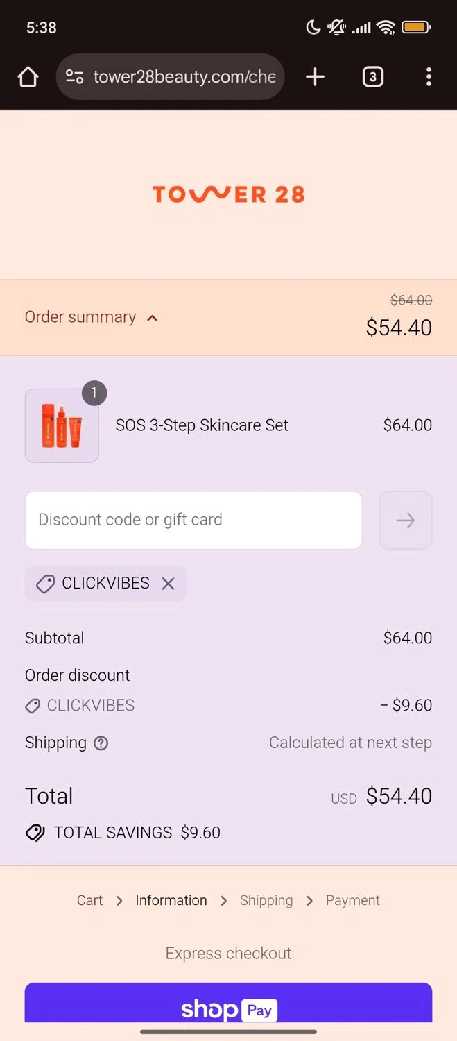 Tower 28 Beauty promo code screenshot showing code CLICKVIBES applied at Tower 28 Beauty checkout page. Uploaded by SimplyCodes community member widdyto on Jul 7, 2025