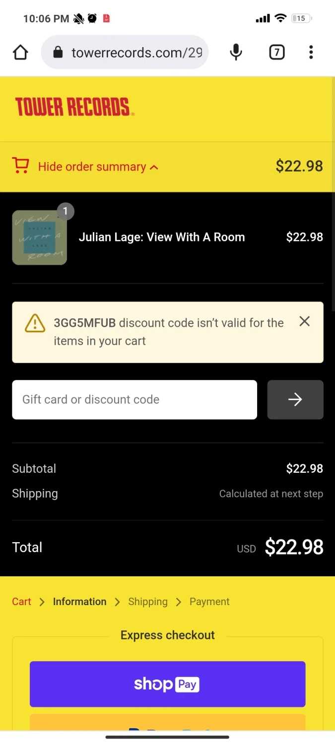 Tower Records checkout page showing Tower Records discount code box | Screenshot taken by SimplyCodes community member on Dec 10, 2022