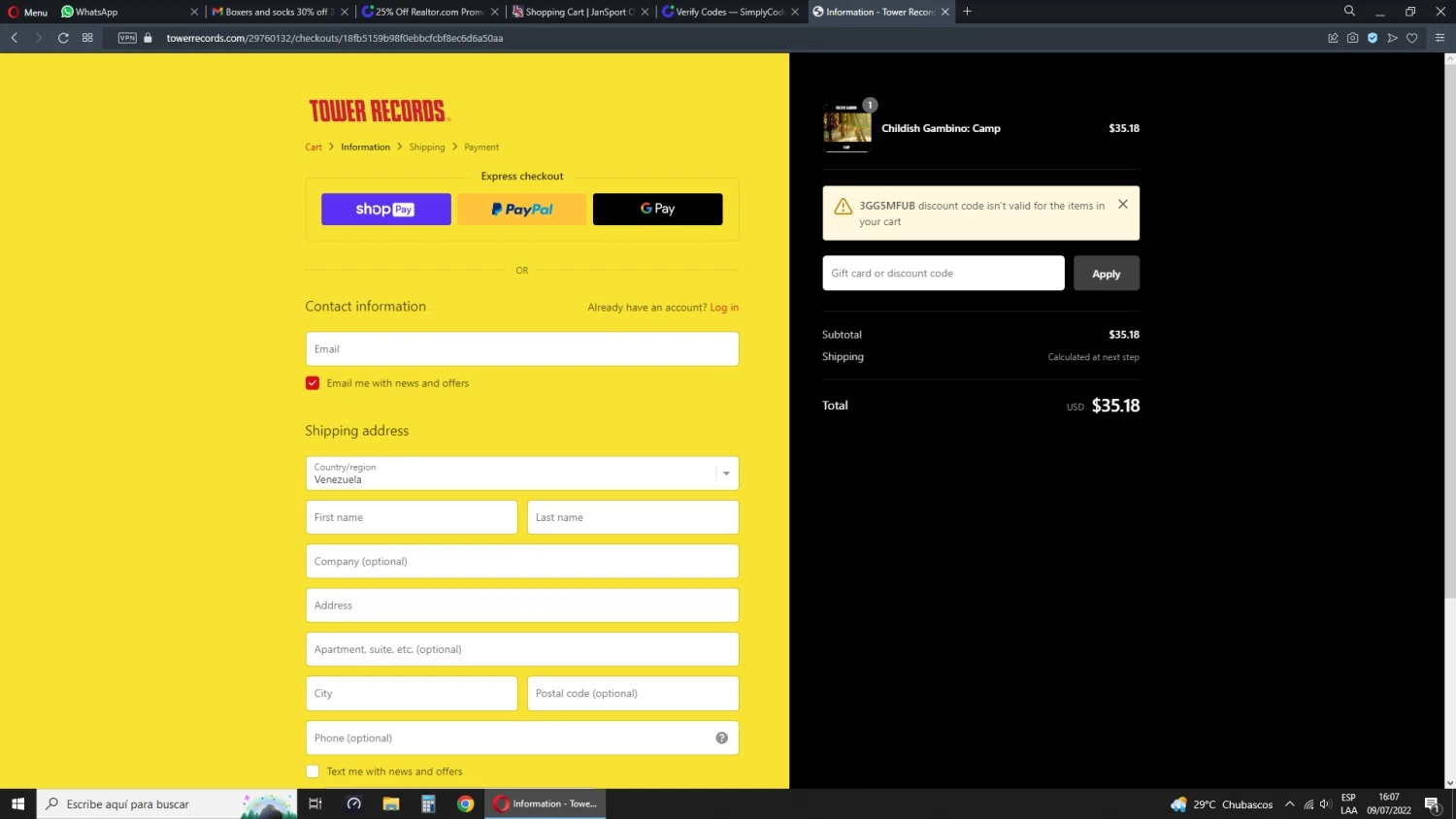 Tower Records checkout page showing Tower Records discount code box | Screenshot taken by SimplyCodes community member on Jul 9, 2022