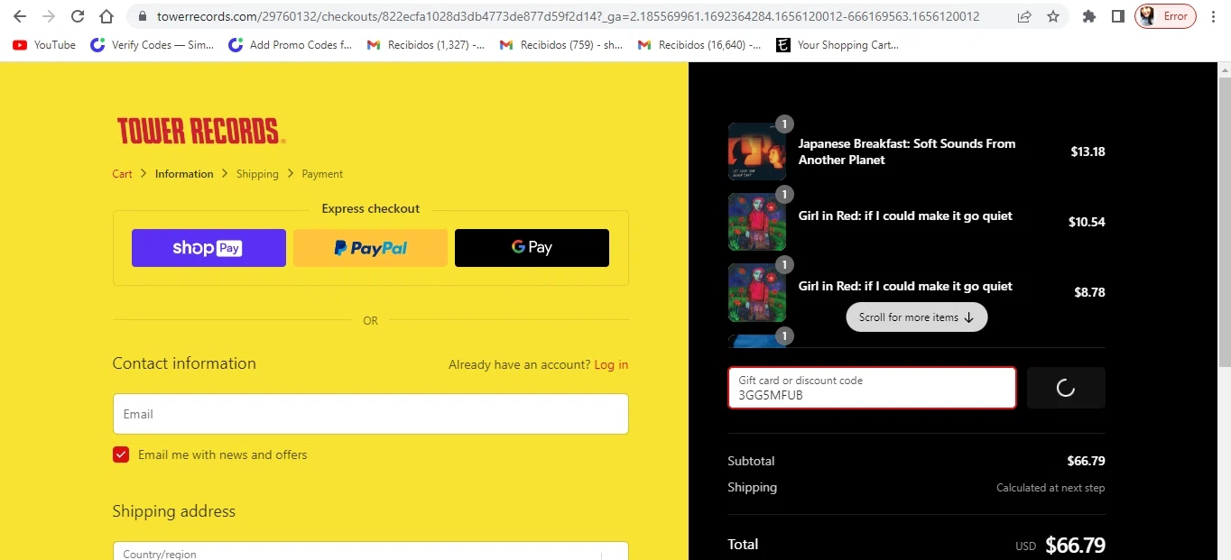 Tower Records checkout page showing Tower Records discount code box | Screenshot taken by SimplyCodes community member on Jun 24, 2022
