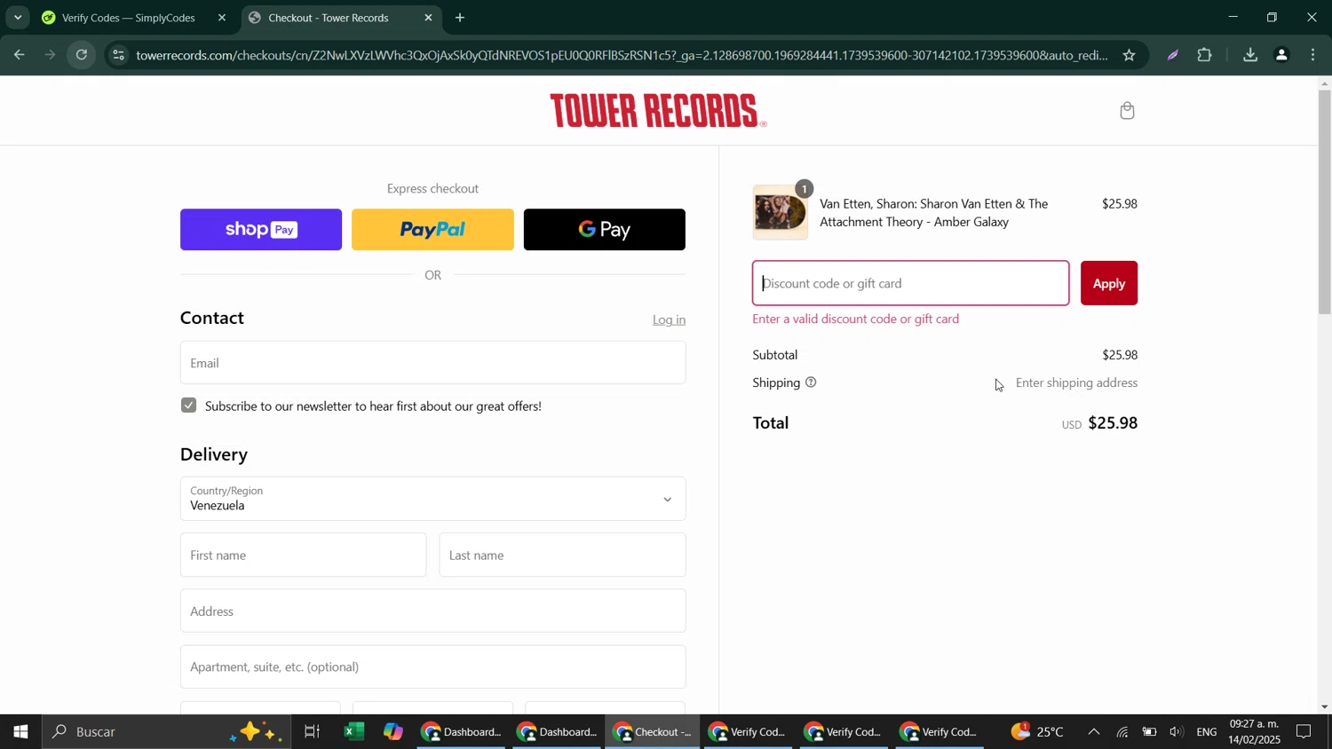 Tower Records discount code screenshot showing code 3GG5MFUB applied at Tower Records checkout page. Uploaded by SimplyCodes community member GoldChaser6627 on Feb 14, 2025