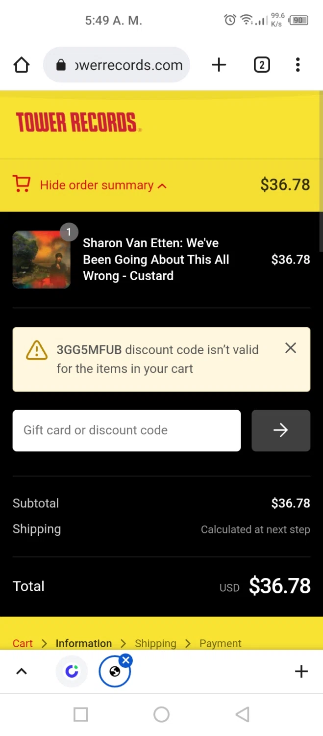 Tower Records checkout page showing Tower Records discount code box | Screenshot taken by SimplyCodes community member on Nov 29, 2022